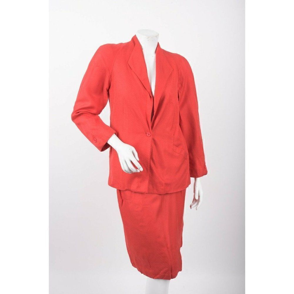 Halston III Vintage 1980s Womans Suit Skirt Blazer Size 8 Red Stripe Rayon Silk